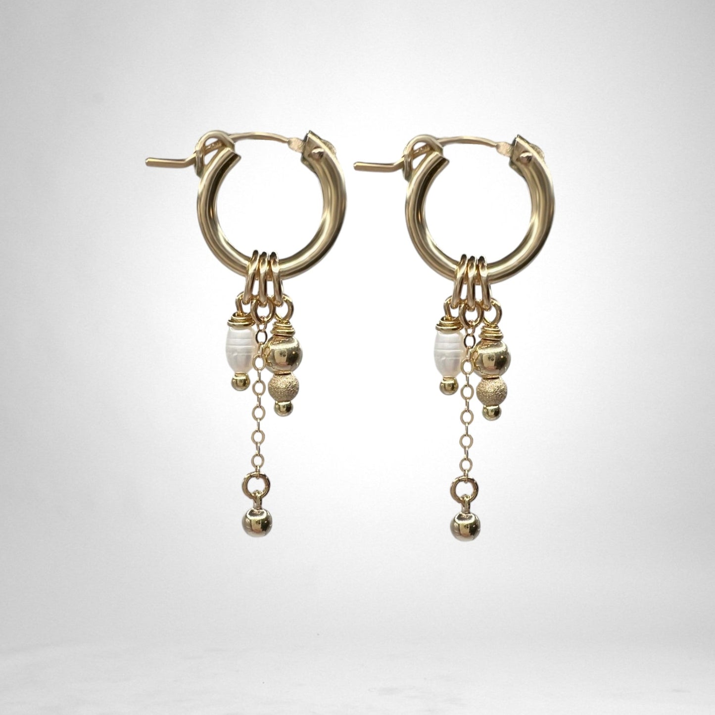 Gold Hoops with pearl, chain & two balls